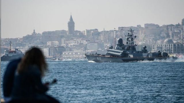 图为经过土耳其开赴叙利亚的俄罗斯Mirazh号导弹护卫舰