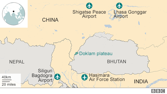 Map showing China and India bases near Doklam plateau