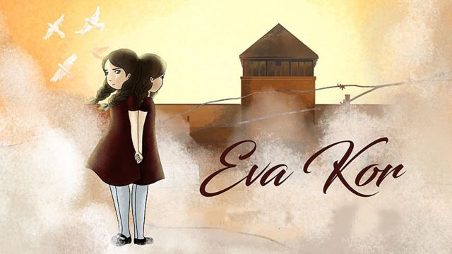 Las gemelas con Auschwitz en el fondo. Imagen del corto "Eva Kor, el poder curativo del perdón" de BBC Ideas