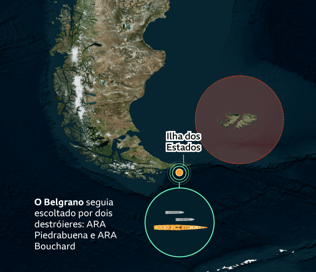Mapa mostrando o Belgrano sendo escoltado pelos destróieres ARA Piedrabuena e ARA Bouchard