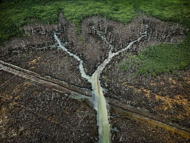 Vista aérea de campo de petróleo