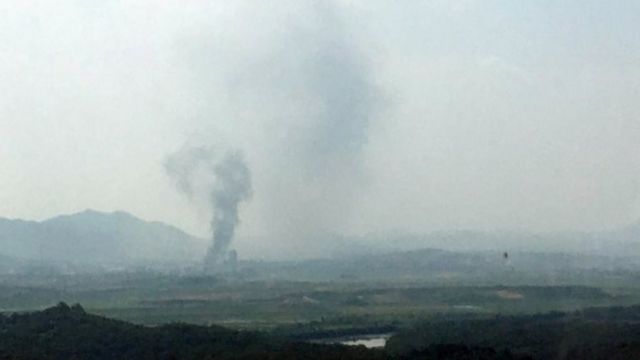 Smoke rises from Kaesong Industrial Complex in this picture taken from the south side in Paju, South Korea