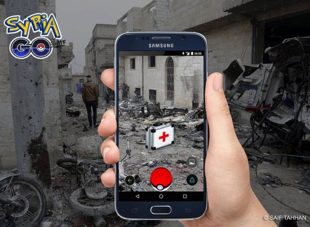 Una pantalla de "Syria Go" que muestra la escena de una batalla y un maletín de primeros auxilios