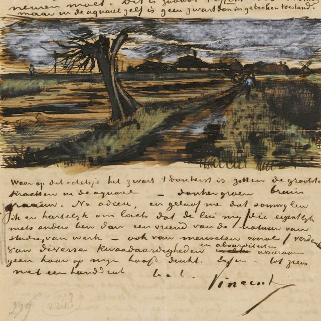 Pruned willow tree.  Letter from Vincent van Gogh to his brother Theo.  (From Gogh Museum Collection)