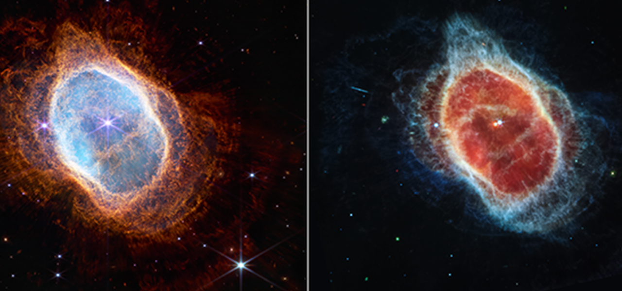 分别以近红外（Near-infrared；左）和中红外（Mid-infrared；右）拍摄的南环星云照片。(photo:BBC)
