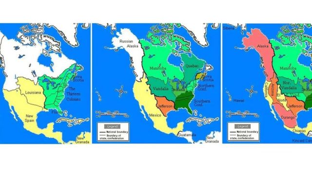 அமெரிக்க புரட்சியில் அமெரிக்கா வீழ்ந்திருந்தால் வட அமெரிக்கா எப்படி இருந்திருக்கும் என்ற கற்பனையான வரைபடம்