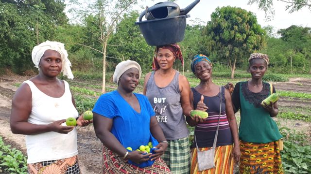 Mujeres granjeras en Casamance, Senegal, con diversas frutas en la mano