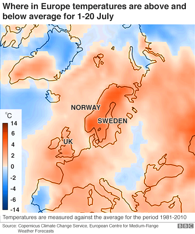 Map showing countries in Europe where temperatures are below or above average for 1 to 20 July