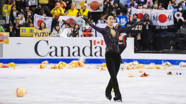 Yuzuru Hanyu of Japan performs in the mens free skating, placing first with a score of 212.99 during the ISU Grand Prix of Figure Skating Canada at Prospera Place on October 26, 2019 in Kelowna, Canada.