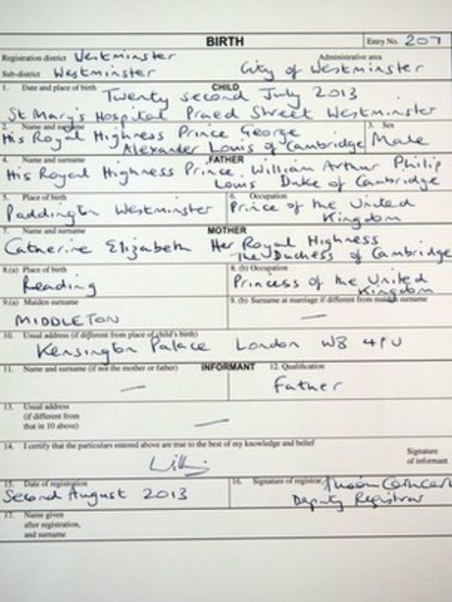 Copy of the birth register for Prince George of Cambridge