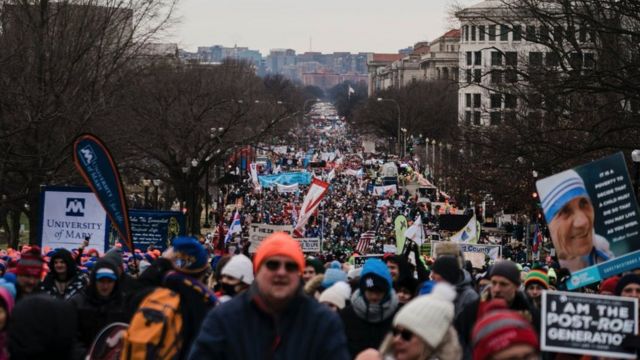 Anti-abortion activists and supporters march along Constitution Ave, with their final destination being the Supreme Court of the United States during the 49th annual March for Life along Constitution Ave. on Friday, Jan. 21, 2022 in Washington, DC.