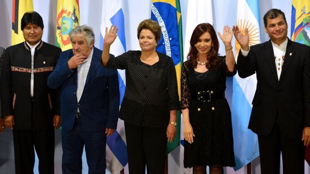 Evo Morales, José Mujica, Dilma Rousseff, Cristina Fernández y Rafael Correa.