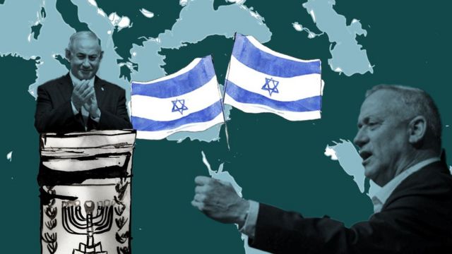 Illustration showing Netanyahu and Gantz over a map of the Middle East