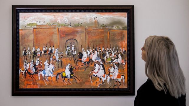 لوحة "فانتازيا الفرسان" لحسن الكلاوي عند عرضها للبيع في مزاد سودبيز عام 2019