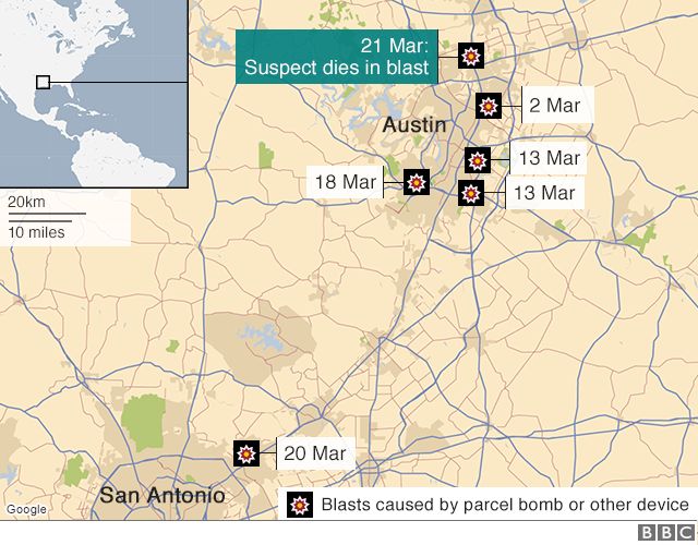 Map shows blasts in and around Austin, Texas