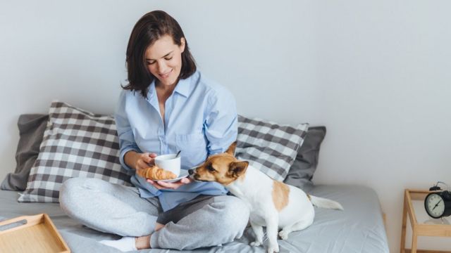 Una mujer en la cama con un perro, una taza y un croissant