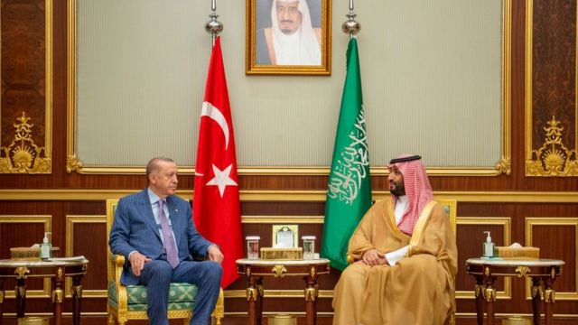 من لقاء ولي العهد السعودي محمد بن سلمان مع رئيس جمهورية تركيا رجب طيب أردوغان في قصر السلام في جدة