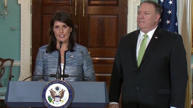 Niki Hejli, ambasadorka SAD pri Ujedinjenim nacijama i državni sekretar Majk Pompeo