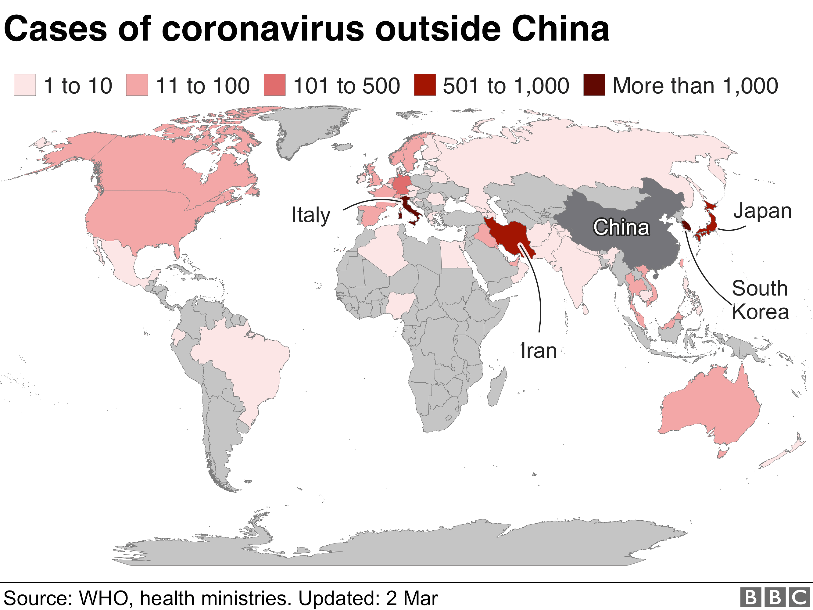 Coronavirus global map 2 March 2020