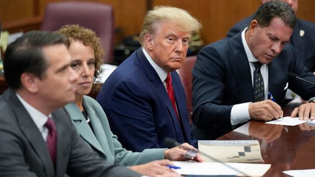 Trump inside the courtroom, flanked by lawyers