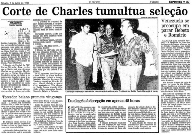 O Globo newspaper report on Charles Fabian's omission from the Brazil squad in 1989
