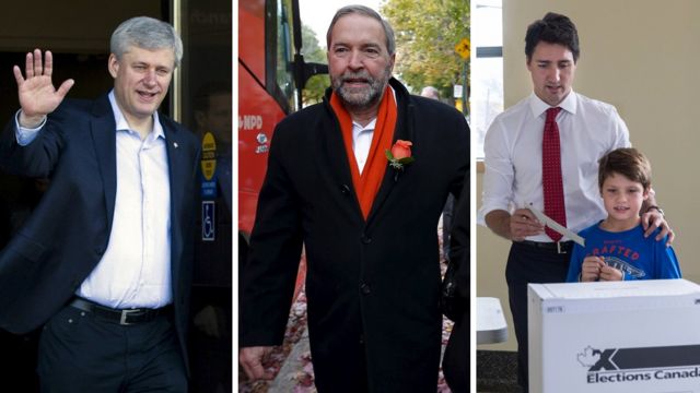 右からハーパー首相、新民主党のトム・マルケア党首、トルドー氏（19日）
