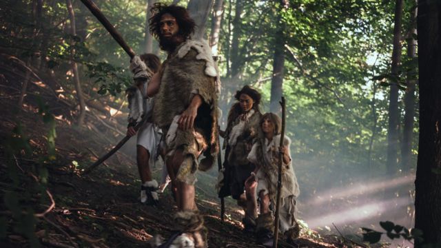 Un grupo de neandertales caminando por un bosque.
