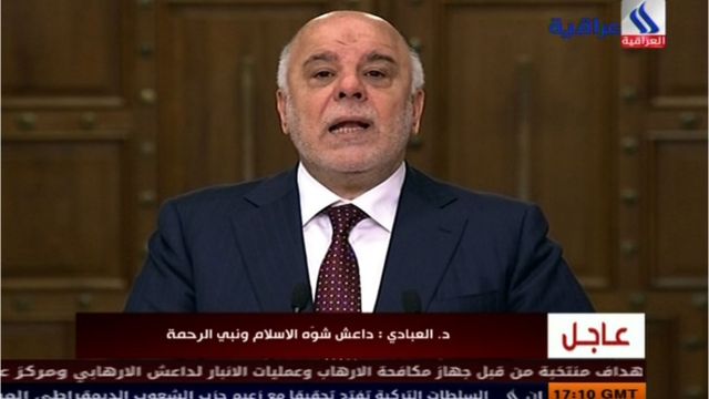 テレビ演説するイラクのアバディ首相(28日)