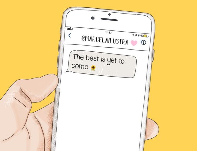 An illustration of a phone with a text message saying: The best is yet to come