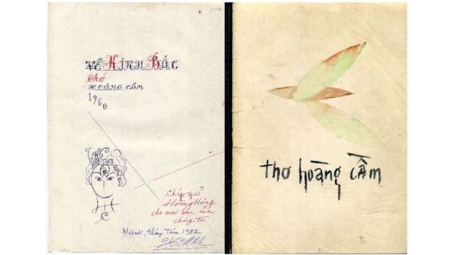 Hai trang bìa bản thảo tập thơ và lưu bút của Hoàng Cầm