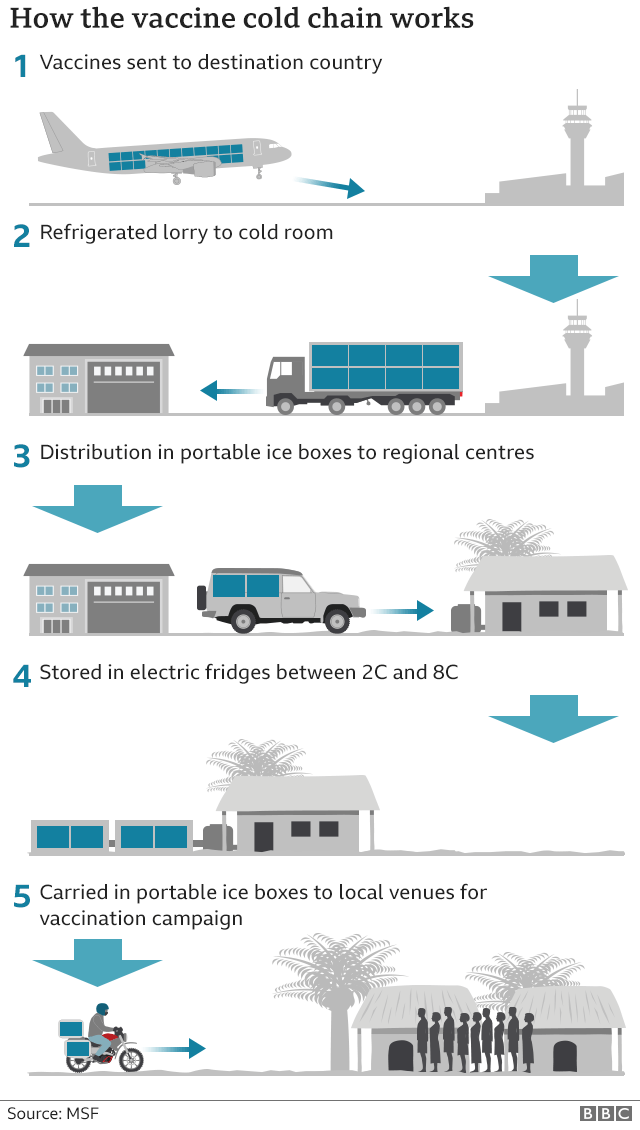 How the vaccine cold chain works: 1. Vaccines shipped to destination country 2. Refrigerated lorry to cold room 3. Distribution in portable ice boxes to regional centres 4. Stored in electric fridges between 2C and 8C 5. Carried in portable ice boxes to local venues for vaccination campaign