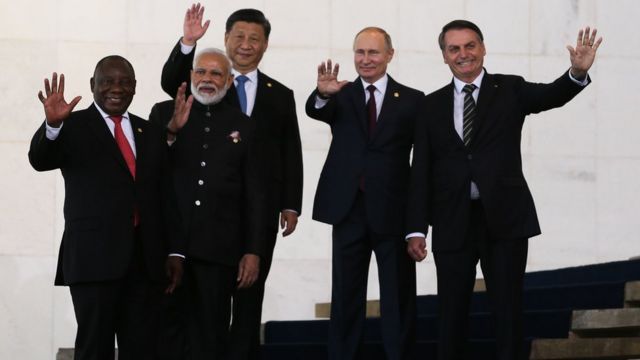 chefes de estado do Brics: Cyril Ramaphosa, Narendra Modi, Xi Jinping, Vladimir Putin e Jair Bolsonaro