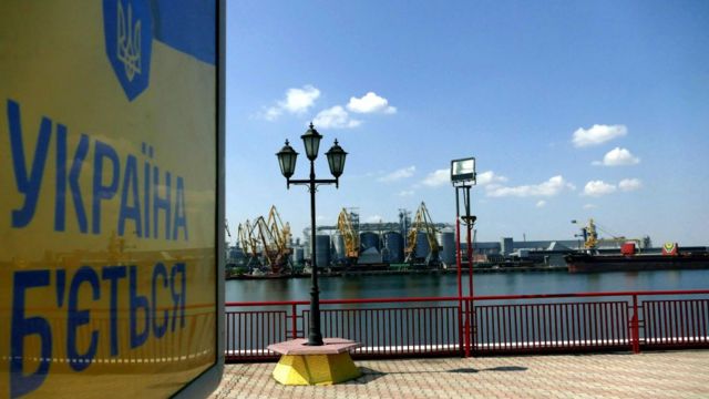 ODESSA, UKRAINE - August 19, 2022 - Bulk carrier Kubrosli y Ukrainian wheat is loaded at the port of Odessa in southern Ukraine.