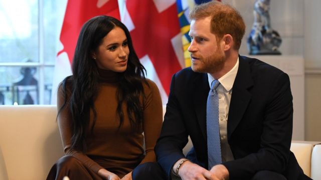 Meghan and Harry gesture during their visit to Canada House in thanks for the warm Canadian hospitality and support they received during their recent stay in Canada,