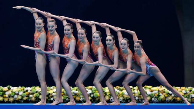 7 Ağustos: Tokyo 2020 Olimpiyat Oyunlarının 15. gününde artistik yüzmede yarışan Çin takımı.