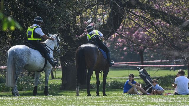 Police on horses speaking to people having a picnic