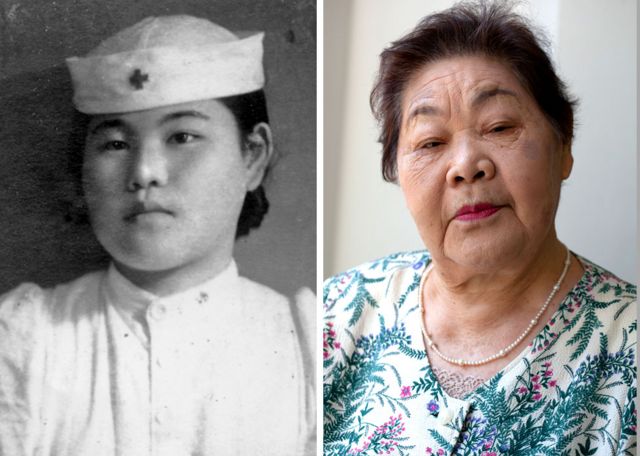 Teruko Ueno no Hospital da Cruz Vermelha de Hiroshima como enfermeira alguns anos após a bomba atômica (à esquerda) e em 2015