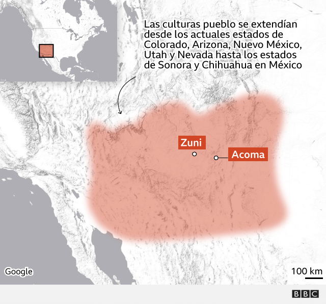 Mapa que muestra cómo las culturas pueblo se extendían desde los actuales estados de Colorado, Arizona, Nuevo México, Utah y Nevada hasta los estados de Sonora y Chihuahua en México.