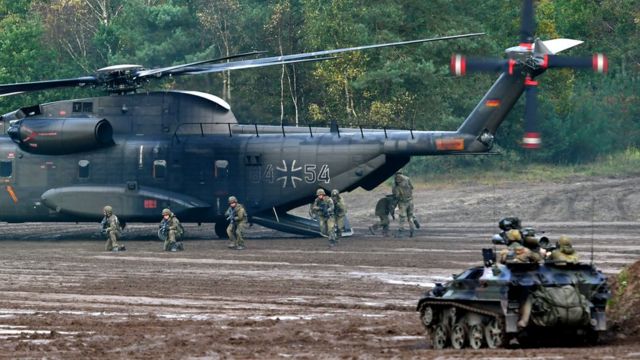 A CH-53 heafy-lift transport helicopter of the German armed forces Bundeswehr operates in the context of an informative educational practice "Land Operation Exercise 2017" at the military training area in Munster, northern Germany.