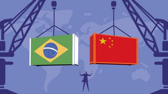 Ilustración de las banderas de Brasil y China en contenedores