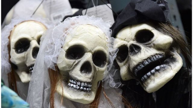 Skulls are among a wide selection of items sold for Halloween at the Halloween Club store in Montebello, California on October 16, 2014
