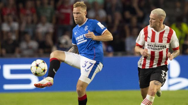Scott Arfield playing for Rangers against PSV Eindhoven