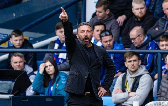 Kilmarnock Manager Derek McInnes during a cinch Premiership match between Kilmarnock and Heart of Midlothain at Rugby Park, on April 27, 2024, in Kilmarnock, Scotland.