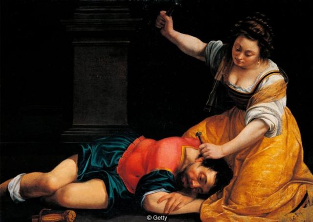 Karya Gentileschi, Jael and Sisera, 1620, memperlihatkan kekerasan grafis terhadap pria.