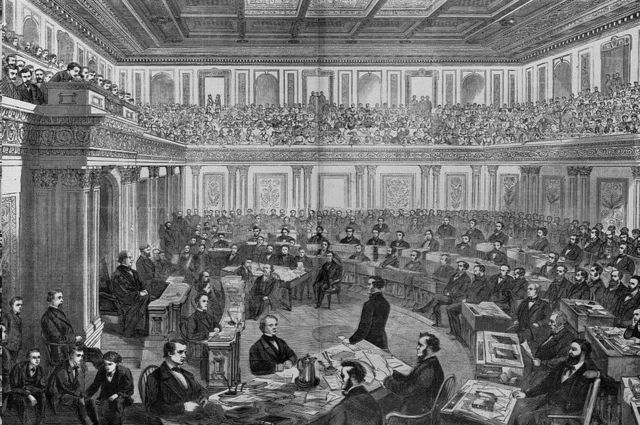 Wood engraving shows Andrew Johnson's trial over Senate