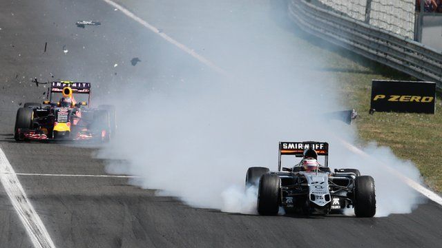 Nico Hulkenberg dramatically loses the front wing on his Force India