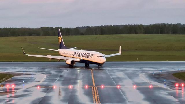 The Ryanair flight lands in Vilnius, Lithuania, its original destination, more than seven hours later.