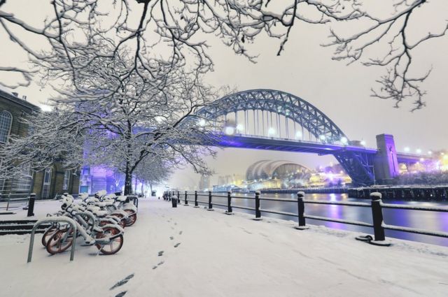 Newcastle Quayside following heavy overnight snowfall.