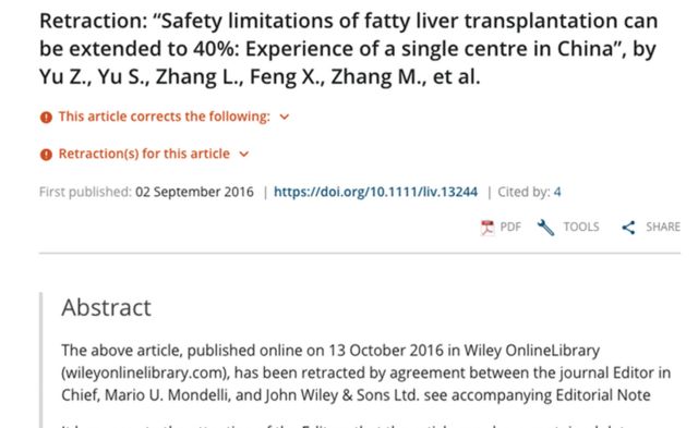 Retiro de un estudio sobre transplantes en China en 2017