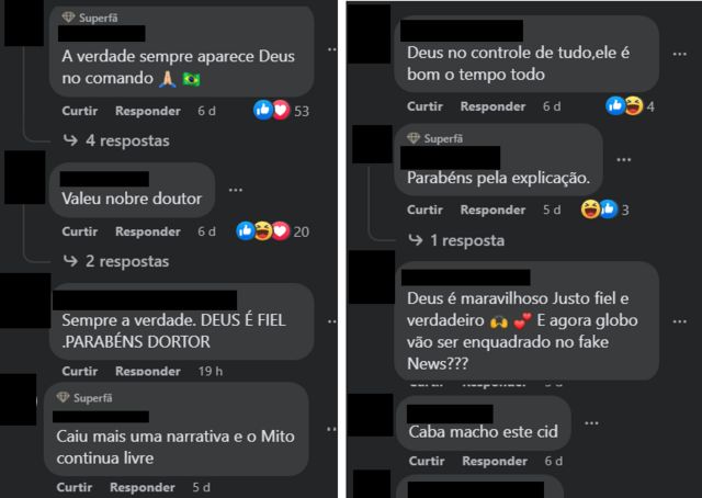 Imagens de comentários elogiando falas de advogado de Cid